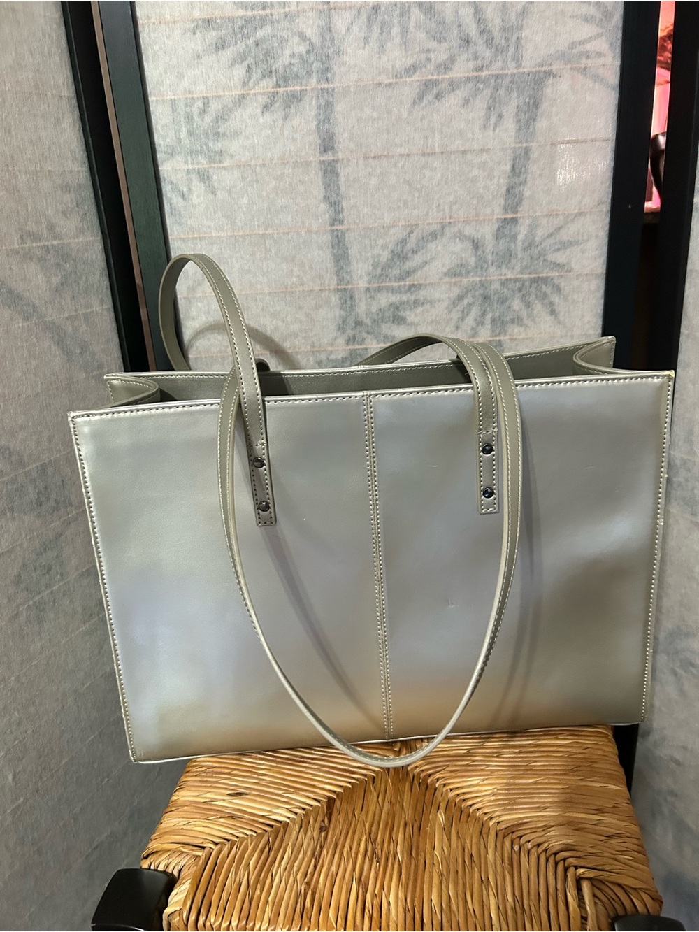 Wilsons Leather Metallic Silver Structured "Icon" Work Tote Laptop Open Bag